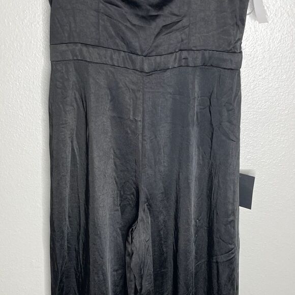 Lulu’s Black Feather Together Satin Wide Leg Jumpsuit Medium - Picture 7 of 16